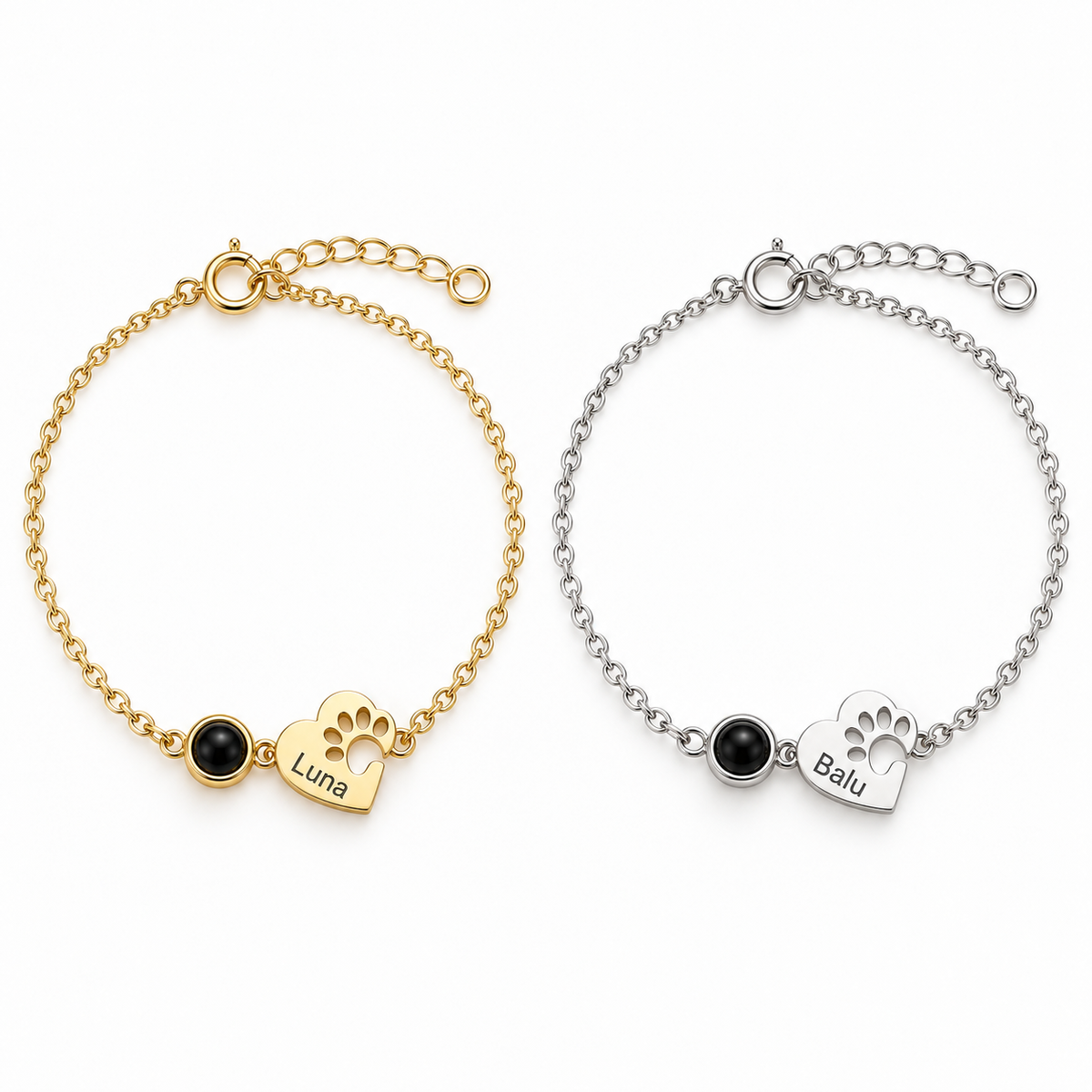 NUKA Pfotenarmband mit Foto und Name in Gold und Silber – Lorelia