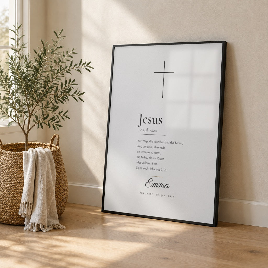 Definition-Poster „Jesus“ – im schwarzen Rahmen an die Wand gelehnt