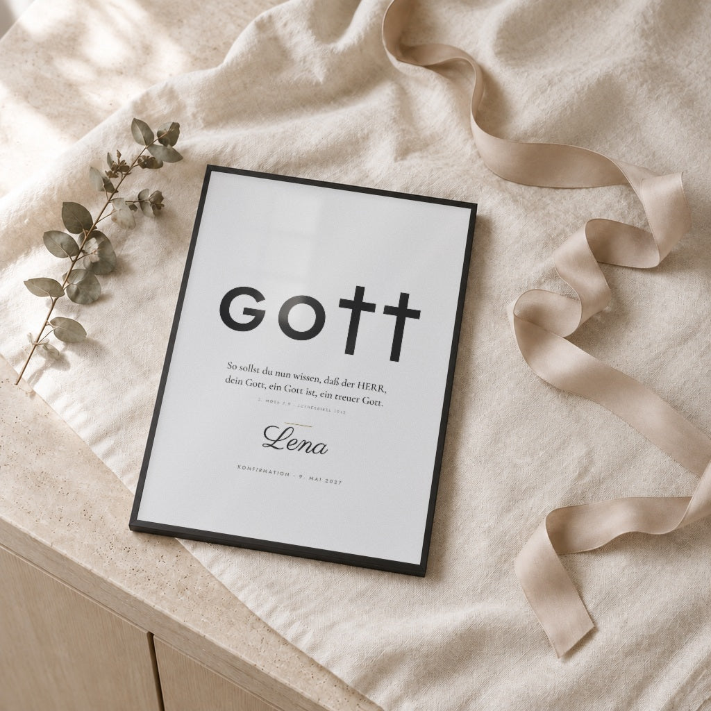 Poster „GOTT“ – ein treuer Gott – als Geschenk im schwarzen Rahmen
