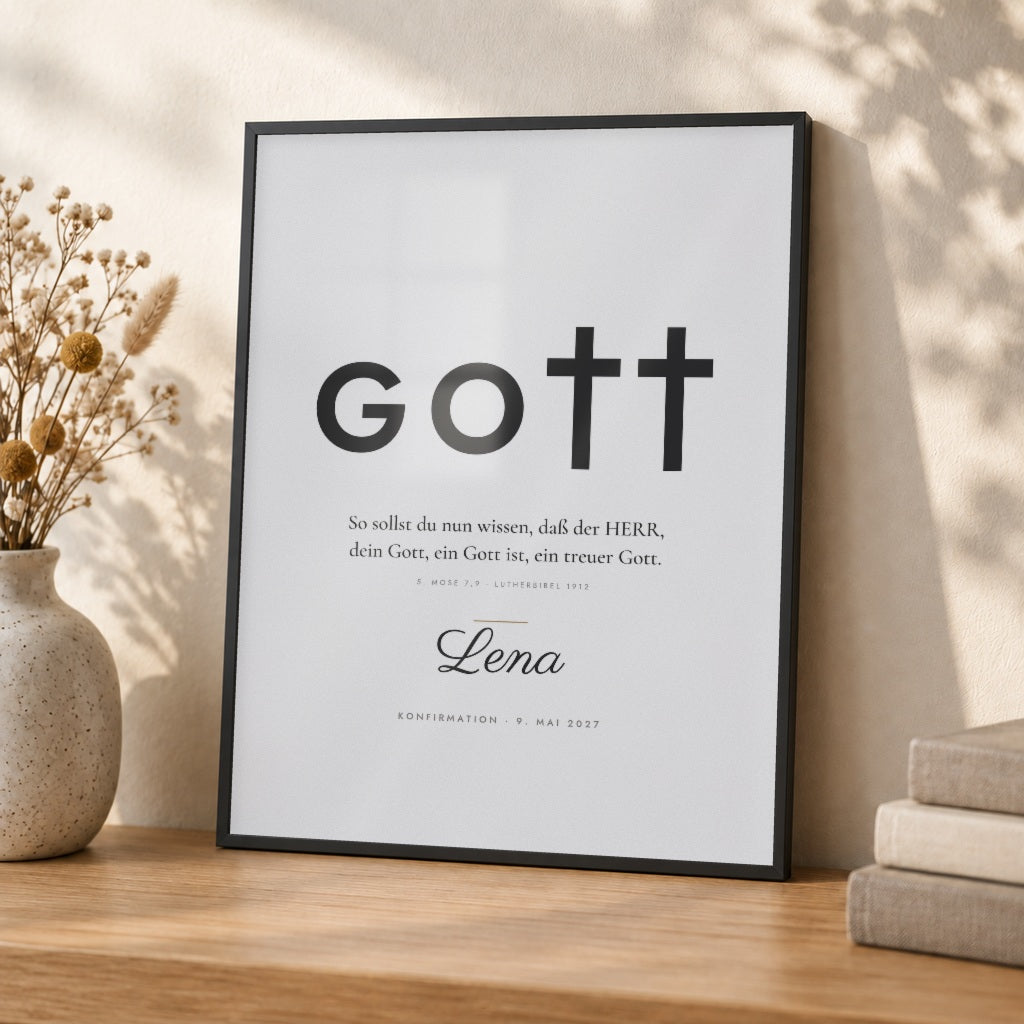Poster „GOTT“ – ein treuer Gott – Nahaufnahme im schwarzen Rahmen