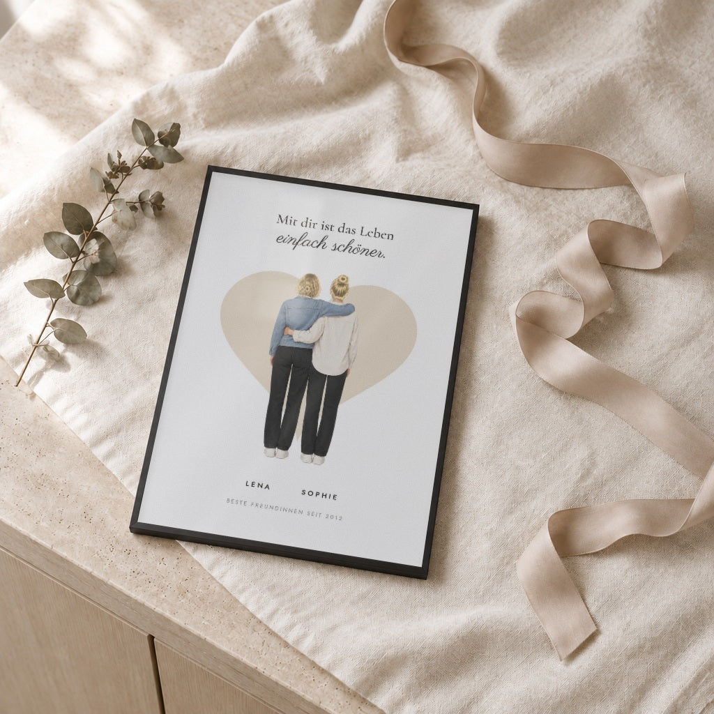 Beste-Freundinnen-Poster – eure Figuren selbst gestalten – als Geschenk im schwarzen Rahmen