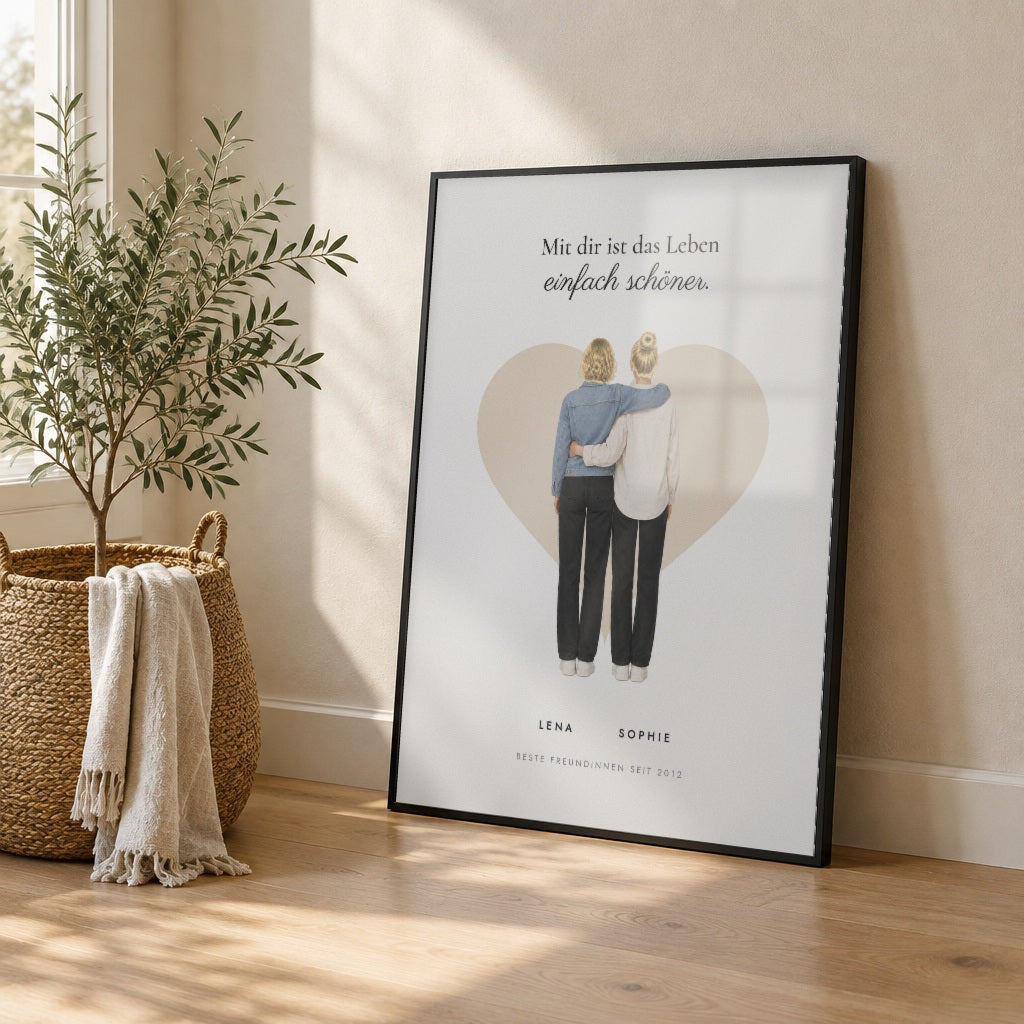 Beste-Freundinnen-Poster – eure Figuren selbst gestalten – im schwarzen Rahmen an die Wand gelehnt