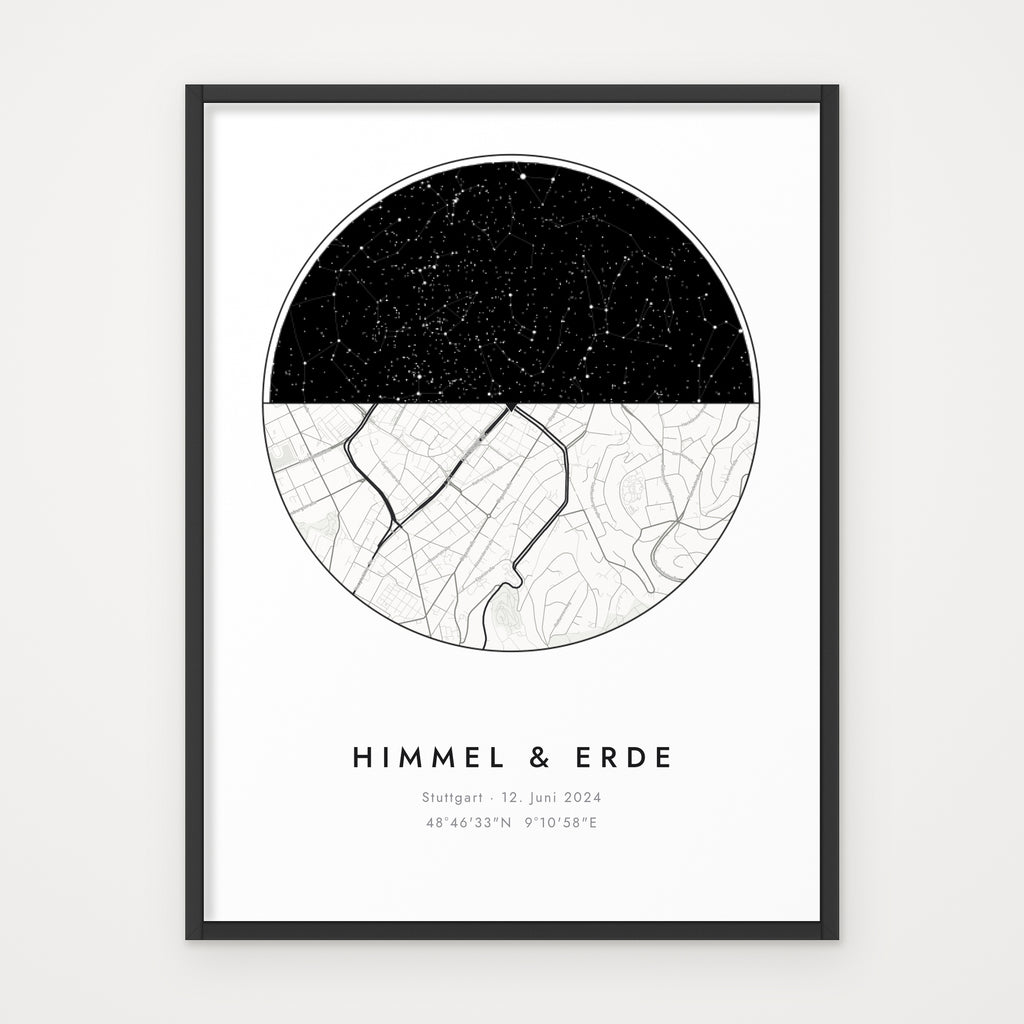Sternenkarte HIMMEL & ERDE – im schwarzen Rahmen
