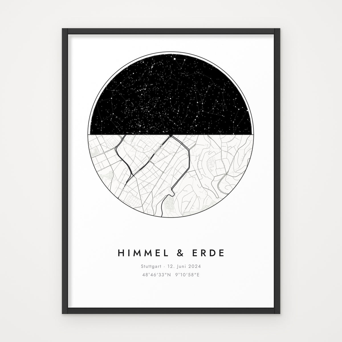 Sternenkarte HIMMEL & ERDE – im schwarzen Rahmen