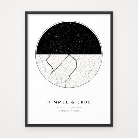 Sternenkarte HIMMEL & ERDE – im schwarzen Rahmen