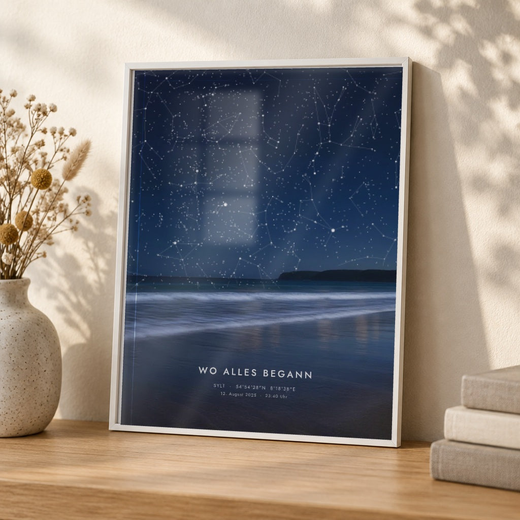 Sternenkarte MEER – Nahaufnahme von Papier und Rahmen