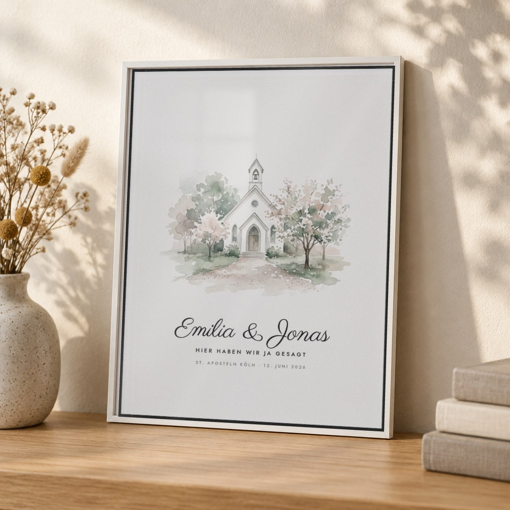 Hochzeitsposter AQUARELL – Kapelle & Brautstrauß – Nahaufnahme im weißen Rahmen