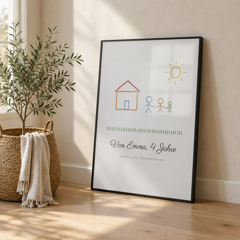 Kinderzeichnung als Poster – ihr Kunstwerk – im schwarzen Rahmen an die Wand gelehnt