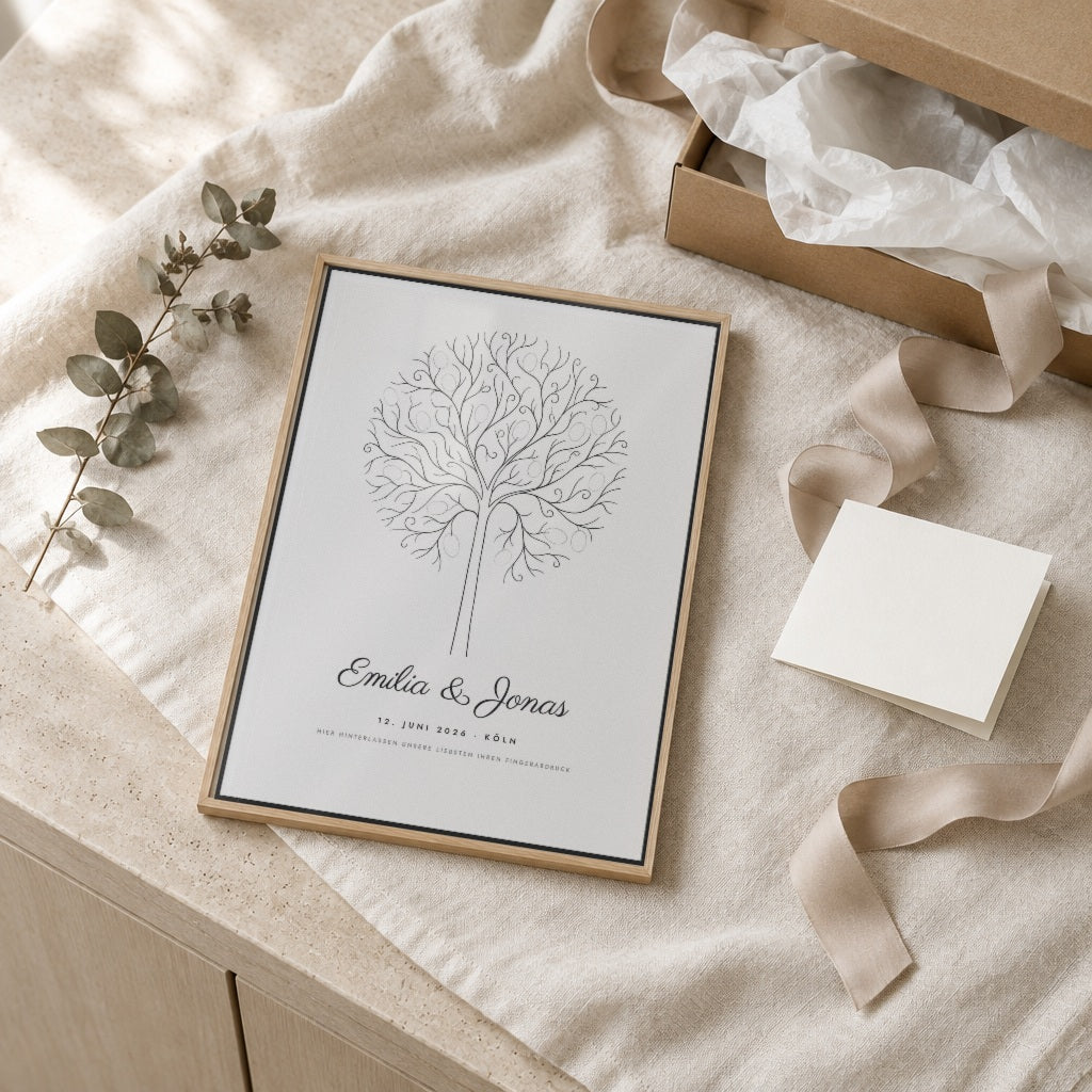 Fingerabdruck-Gästebaum – eure Hochzeit – als Geschenk im Eichenrahmen