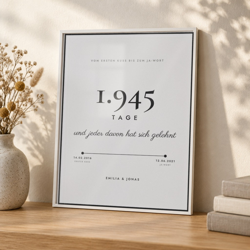 Poster TAGE ZUSAMMEN – eure Zeit in Tagen – Nahaufnahme im weißen Rahmen
