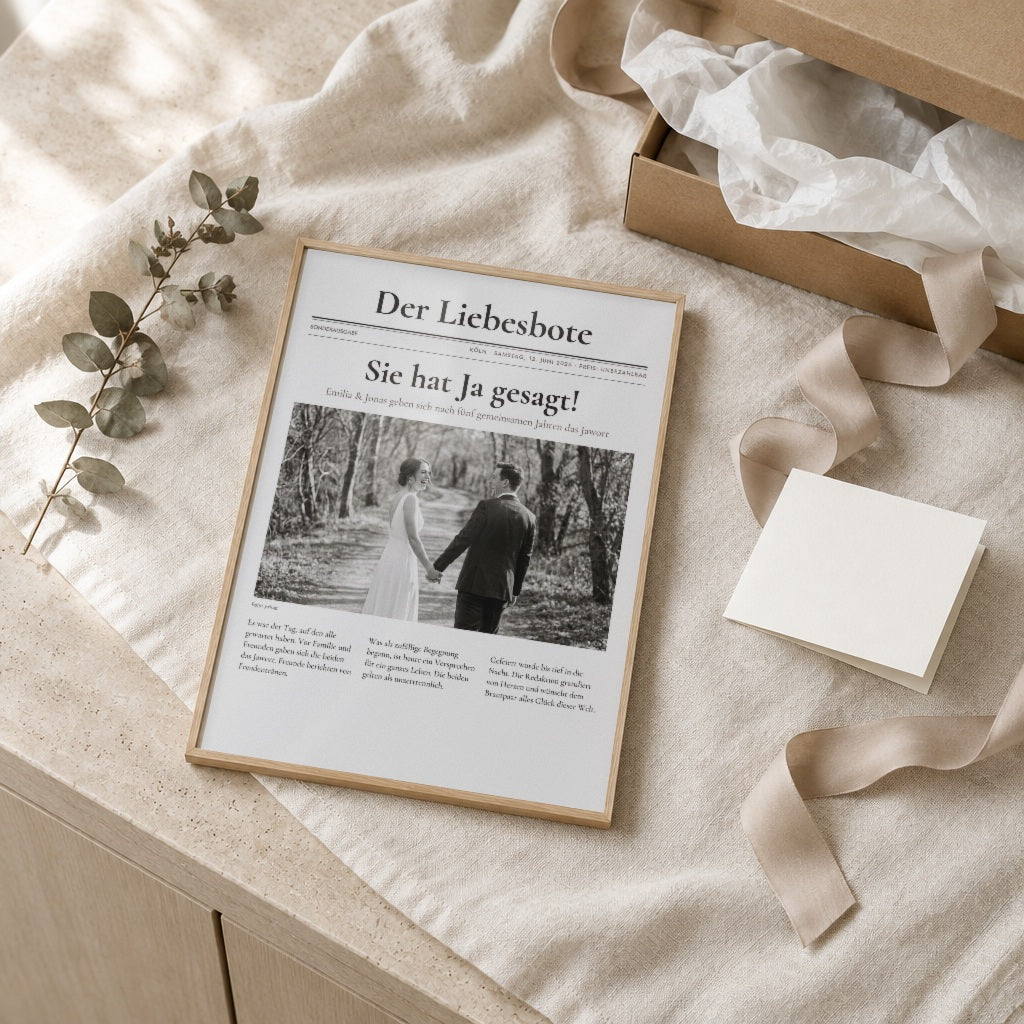 Zeitungsposter EXTRABLATT – eure Schlagzeile – als Geschenk im Eichenrahmen