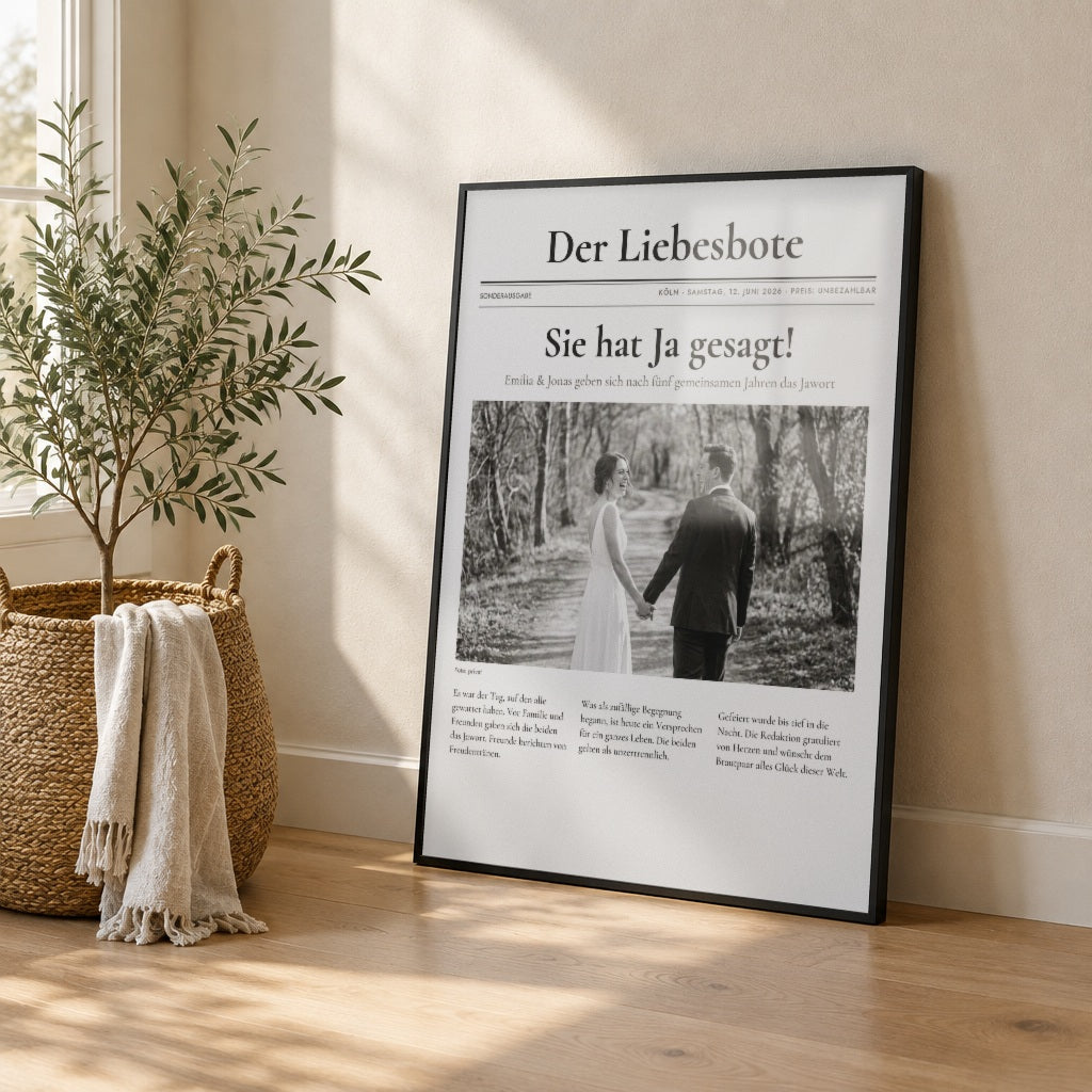 Zeitungsposter EXTRABLATT – eure Schlagzeile – im schwarzen Rahmen an die Wand gelehnt