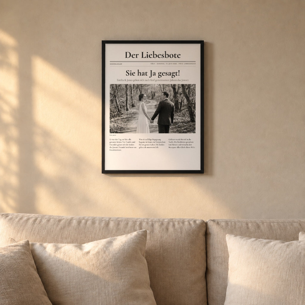 Zeitungsposter EXTRABLATT – eure Schlagzeile – über dem Sofa im schwarzen Rahmen