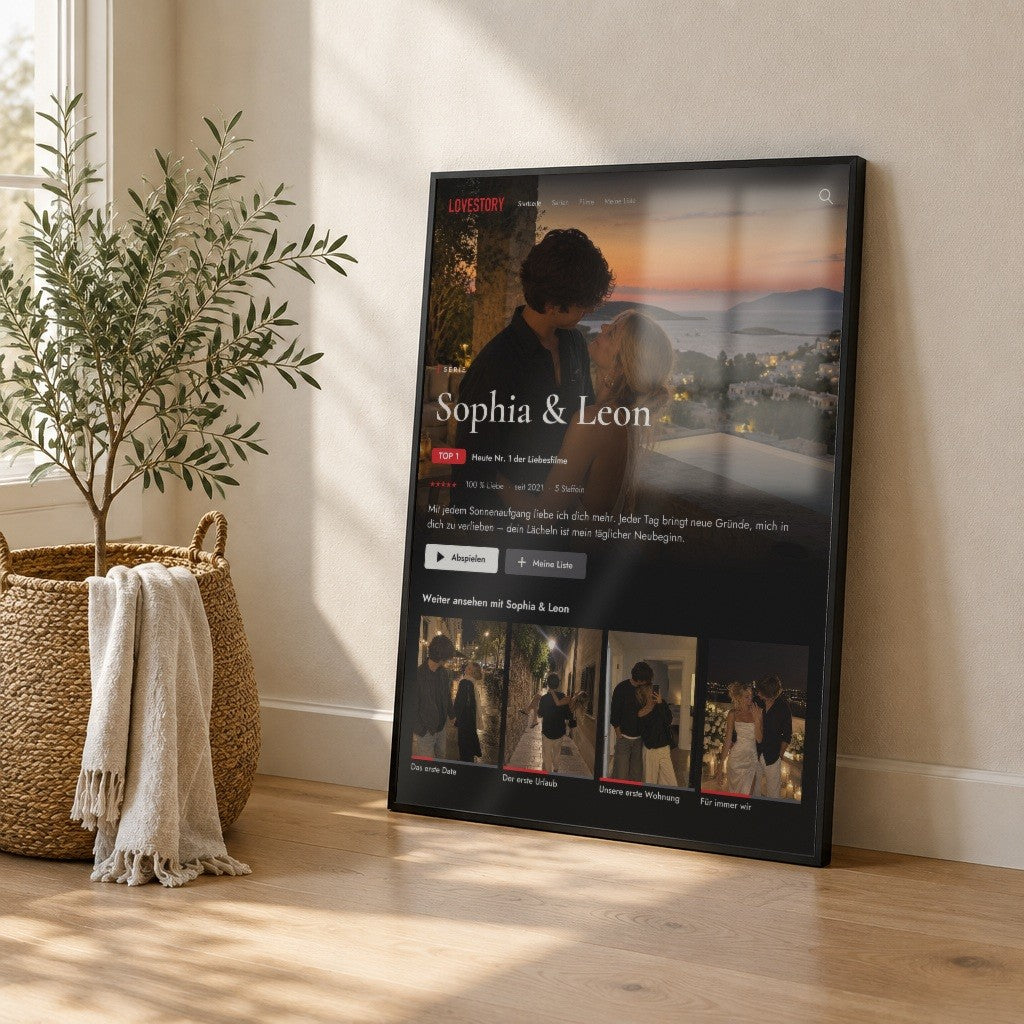 Streamingposter LOVESTORY – eure Serie – im schwarzen Rahmen an die Wand gelehnt