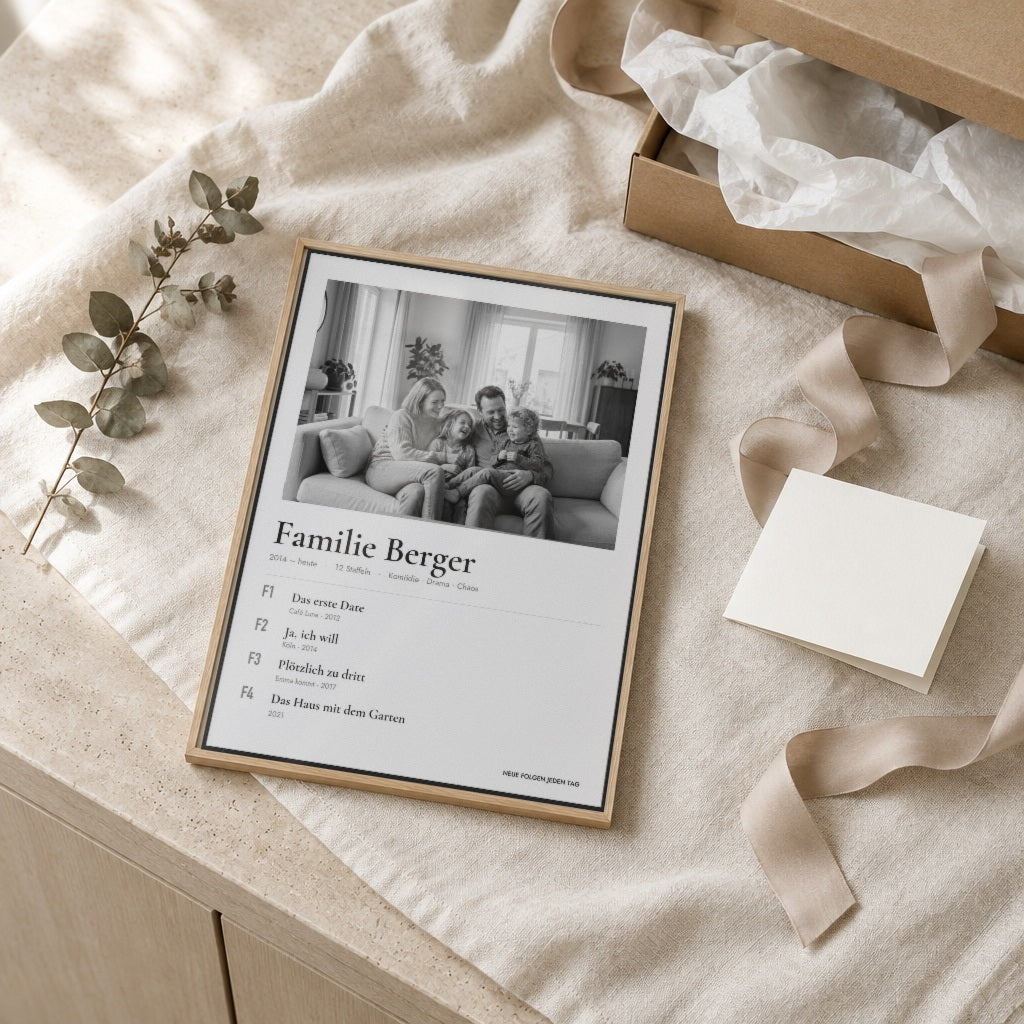 Familie als Serie – eure Folgen – als Geschenk im Eichenrahmen