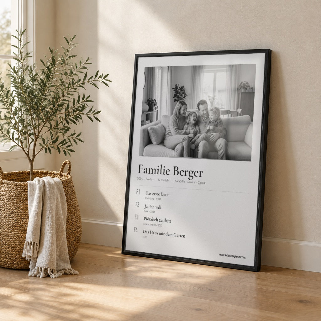 Familie als Serie – eure Folgen – im schwarzen Rahmen an die Wand gelehnt