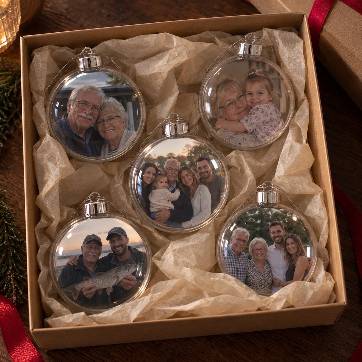 Fünf Foto-Christbaumkugeln mit Familienfotos in der Geschenkschachtel