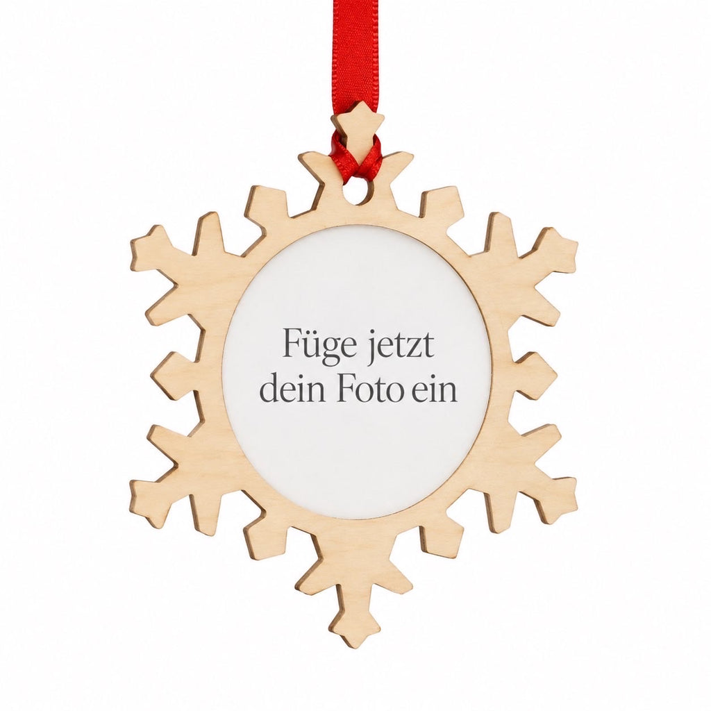 Holzschneeflocke 11 cm mit rundem Fotofeld und rotem Band