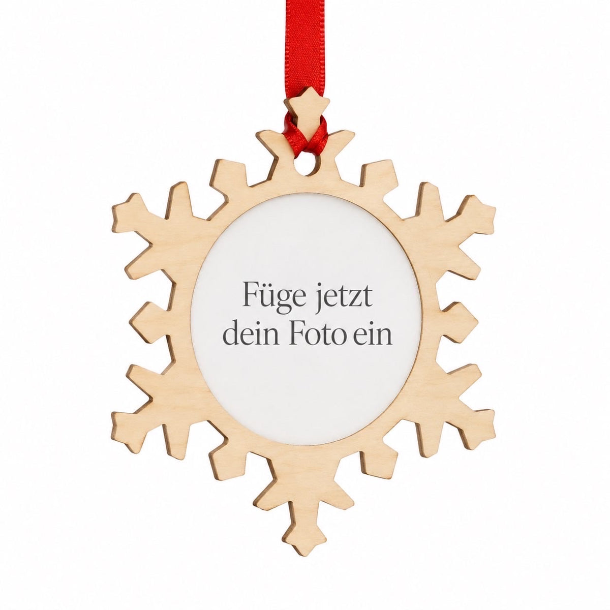 Holzschneeflocke 11 cm mit rundem Fotofeld und rotem Band