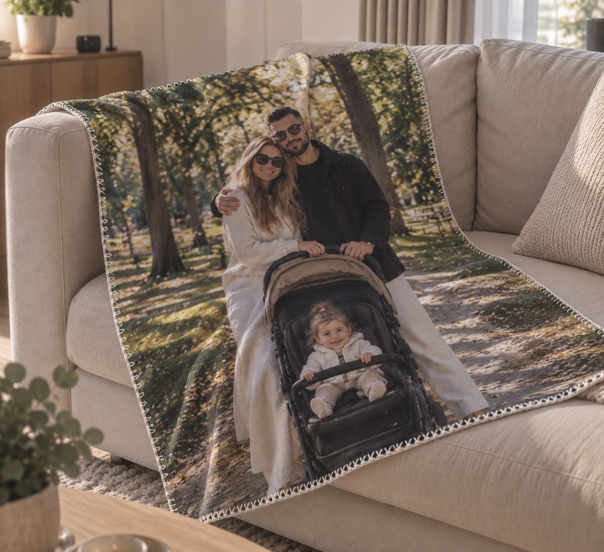Premium-Fotodecke mit Familienfoto auf dem Sofa – weiße Zierstichkante