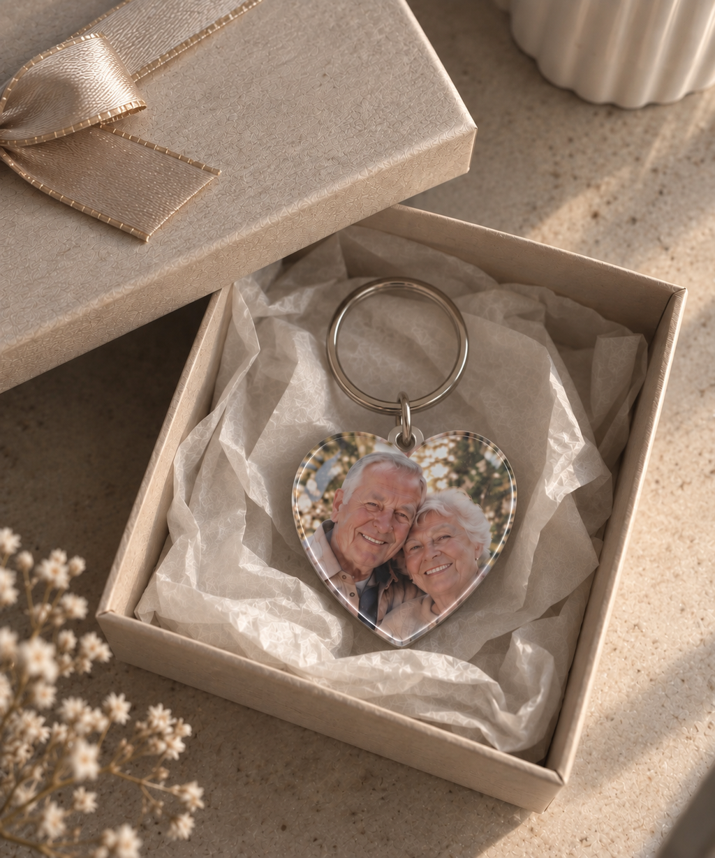 Foto-Herz-Schlüsselanhänger in der Geschenkschachtel