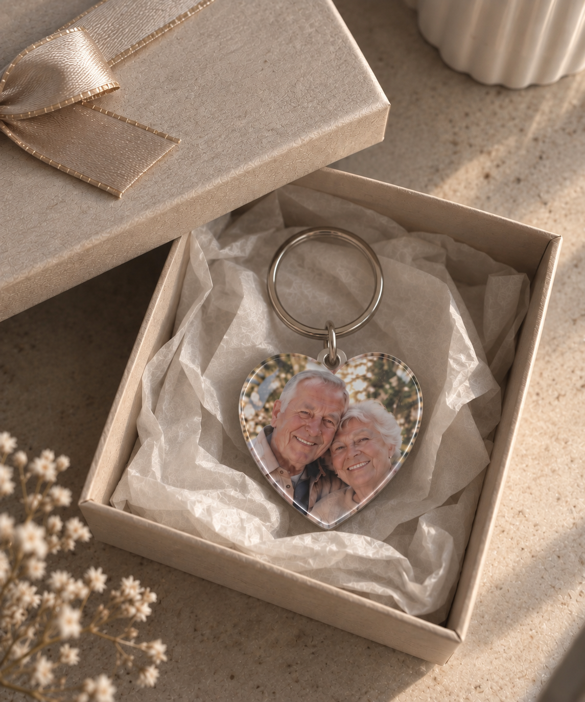 Foto-Herz-Schlüsselanhänger in der Geschenkschachtel