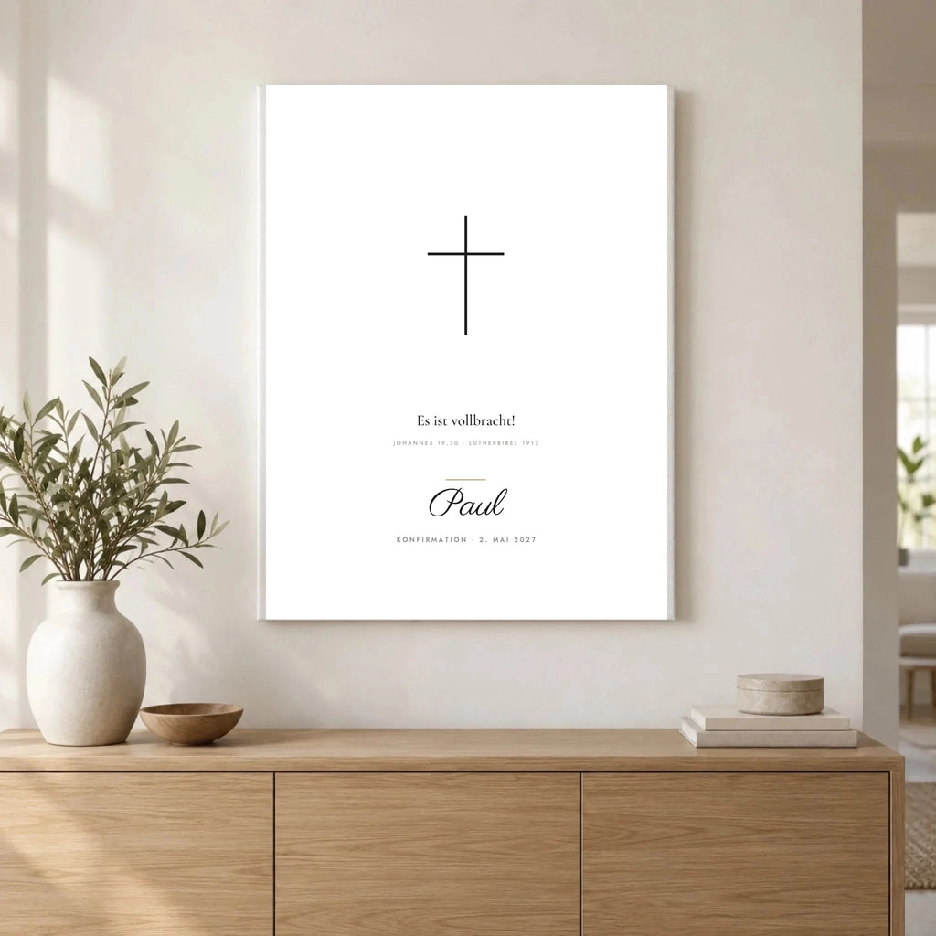 Minimal-Poster „Es ist vollbracht“ – Kreuz in Weiß oder Schwarz – als Leinwand