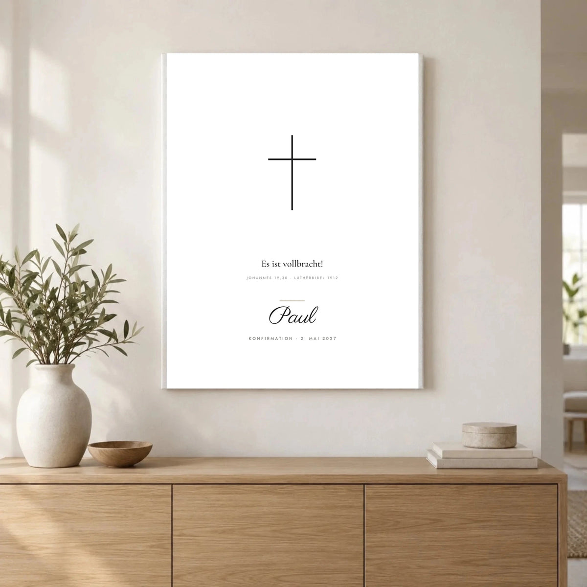 Minimal-Poster „Es ist vollbracht“ – Kreuz in Weiß oder Schwarz – als Leinwand