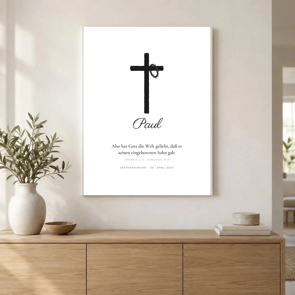 Bibelvers-Poster „Also hat Gott die Welt geliebt“ – Kreuz mit Dornenkrone – als Leinwand