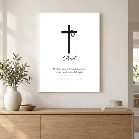 Bibelvers-Poster „Also hat Gott die Welt geliebt“ – Kreuz mit Dornenkrone – als Leinwand