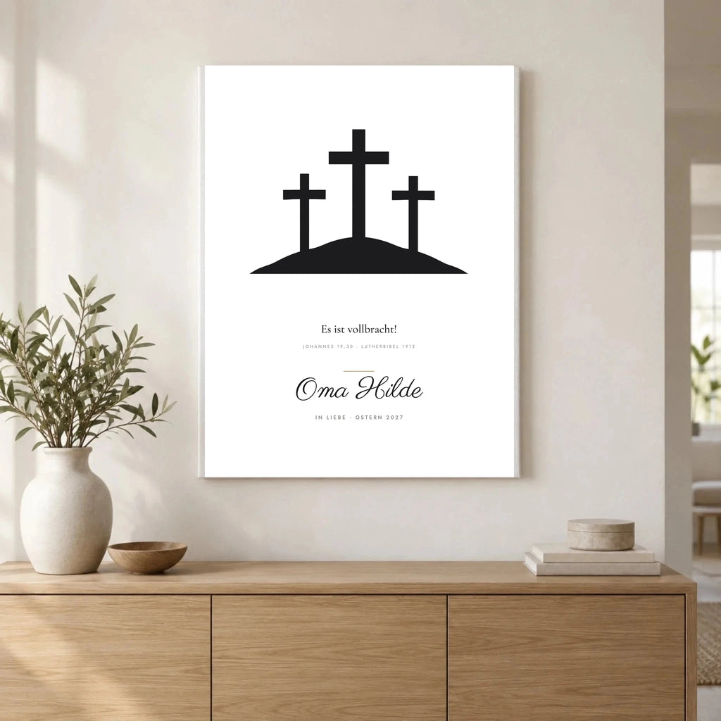 Bibelvers-Poster „Es ist vollbracht“ – Golgota – als Leinwand
