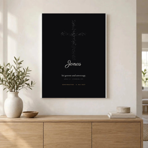 Bibelvers-Poster „Sei getrost und unverzagt“ – Lichtkreuz – als Leinwand