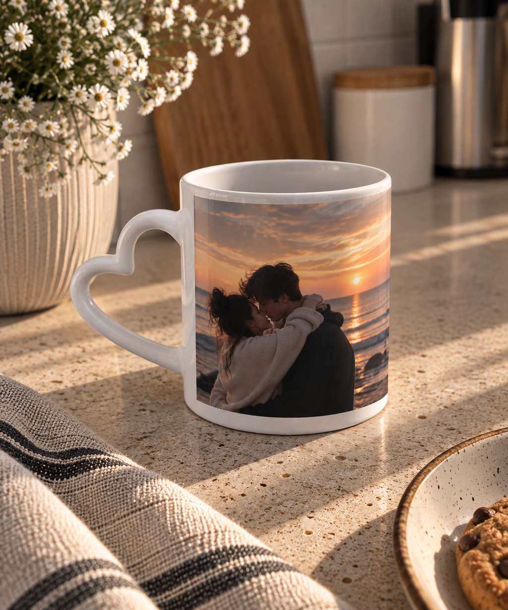 Foto-Herztasse mit Paarfoto auf der Küchenarbeitsplatte