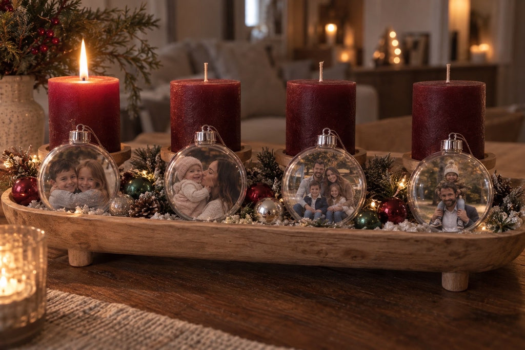 Foto-Christbaumkugeln mit Familienfotos auf dem Adventstisch