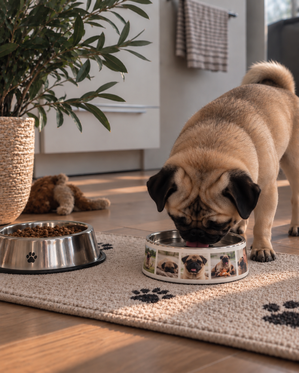 Foto-Napf aus Edelstahl mit Hundefoto – Mops beim Fressen