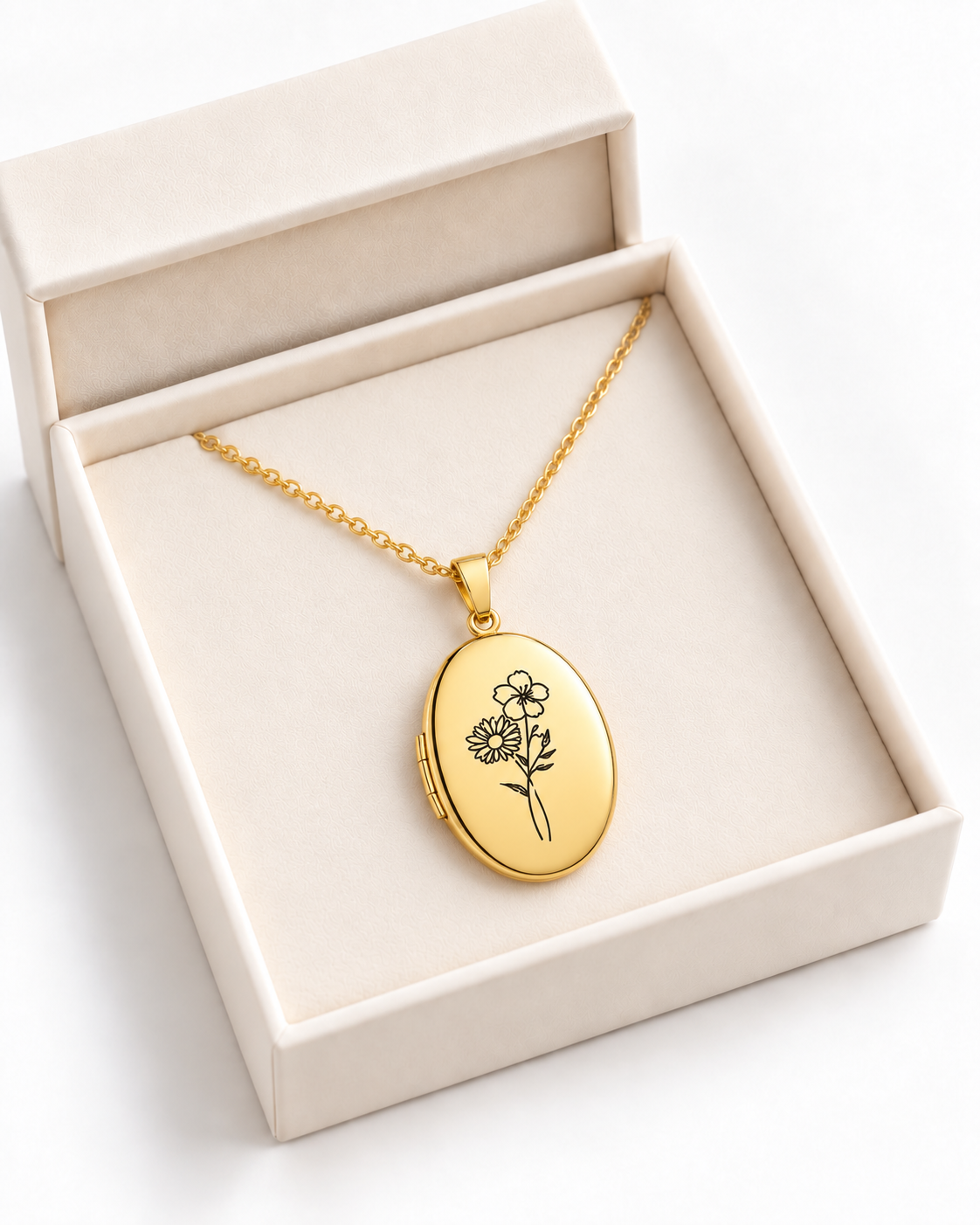 LINNEA Ovales Medaillon mit Geburtsblume Gold – in der Geschenkbox – Lorelia