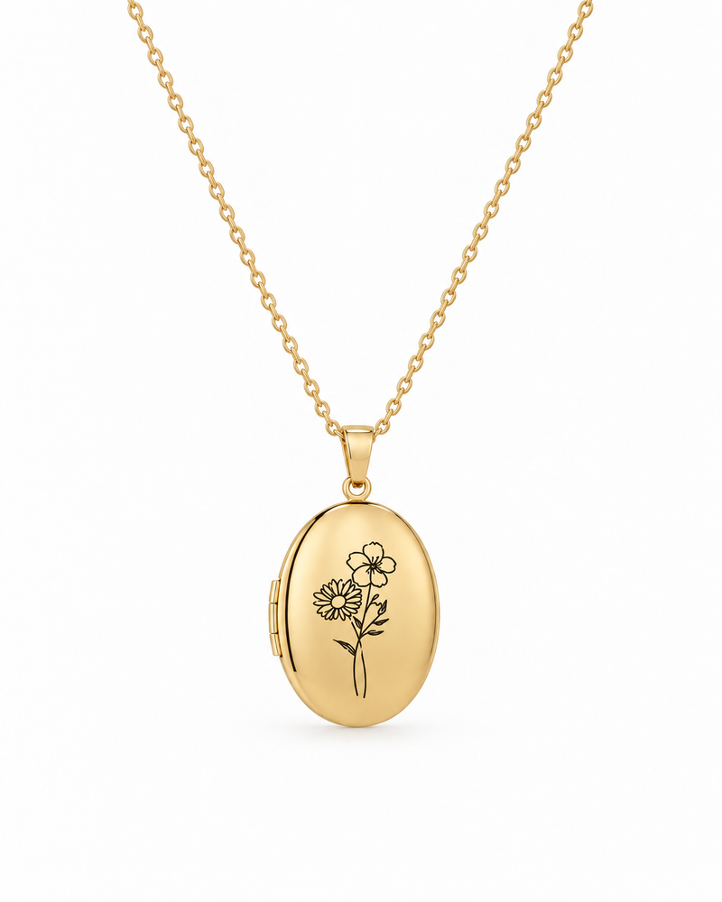 LINNEA Ovales Medaillon mit Geburtsblume Gold – Freisteller – Lorelia