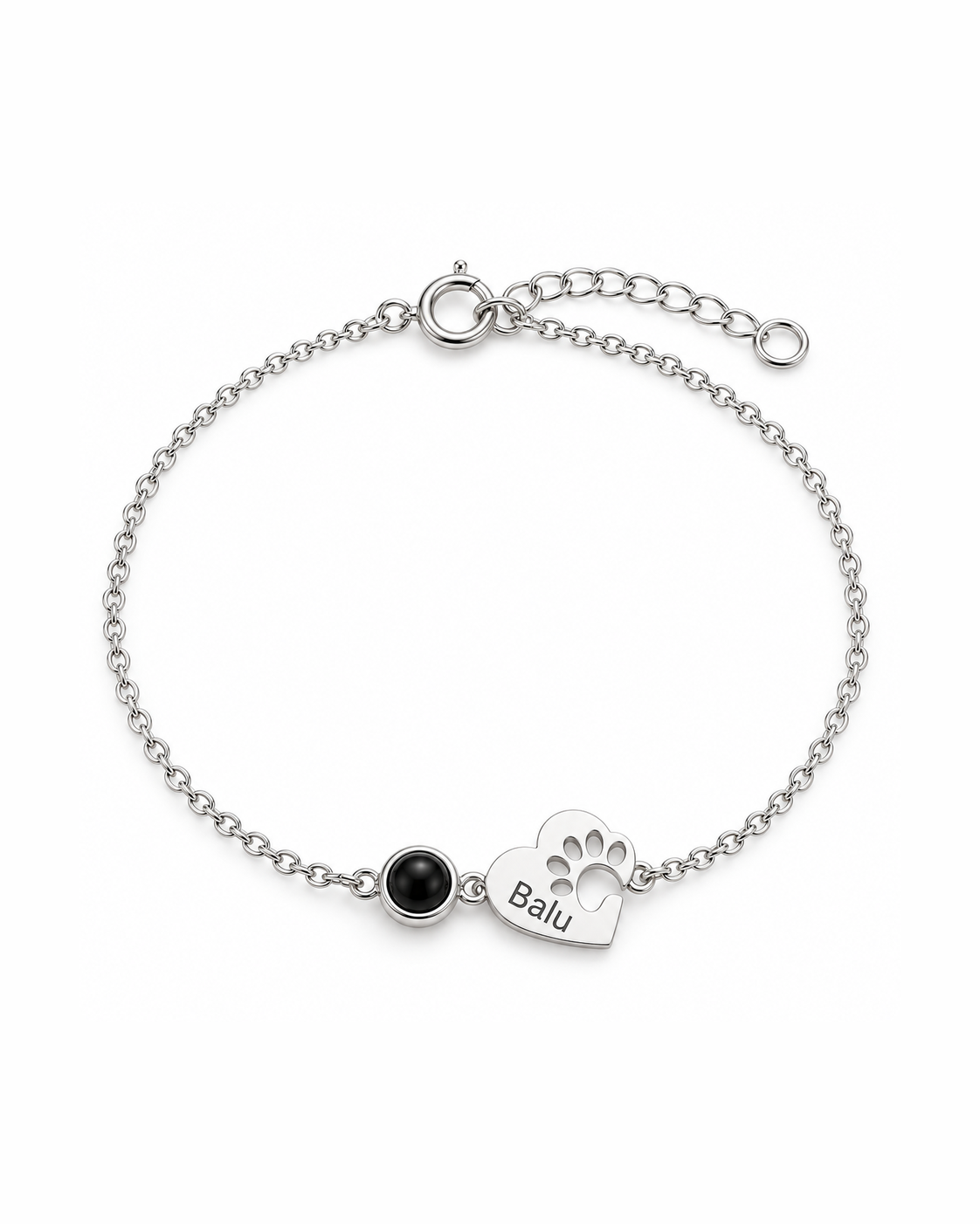 NUKA Pfotenarmband mit Foto und Name Silber – Freisteller – Lorelia