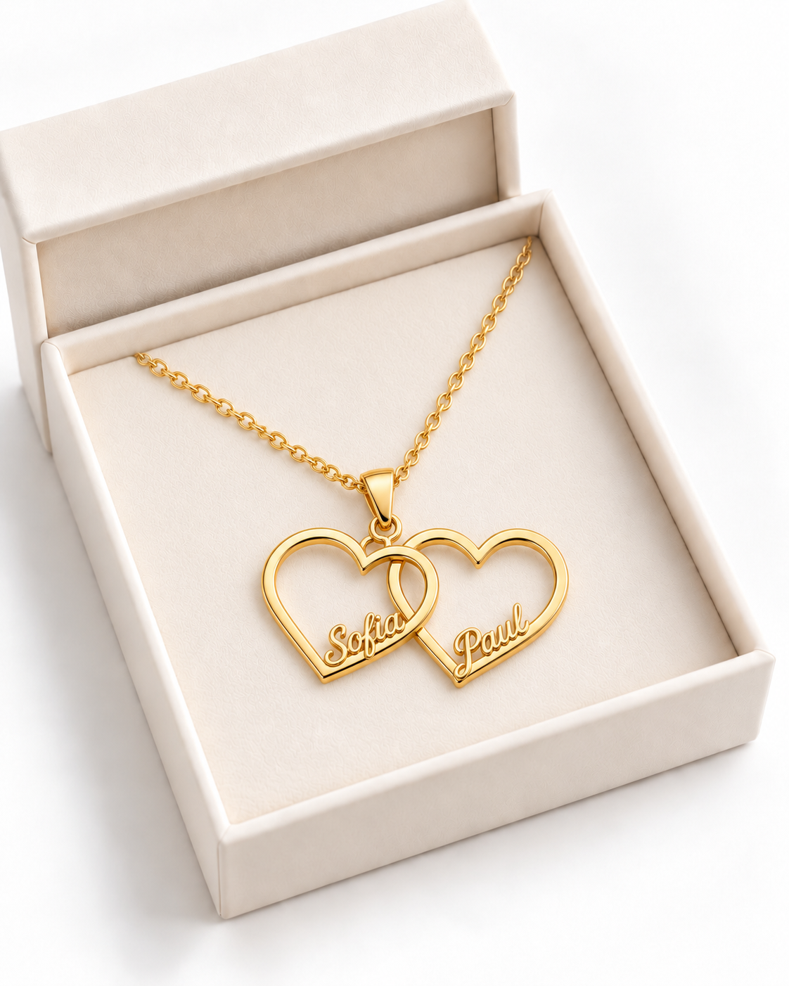 SVEA Doppelherz-Kette mit Namen Gold – in der Geschenkbox – Lorelia