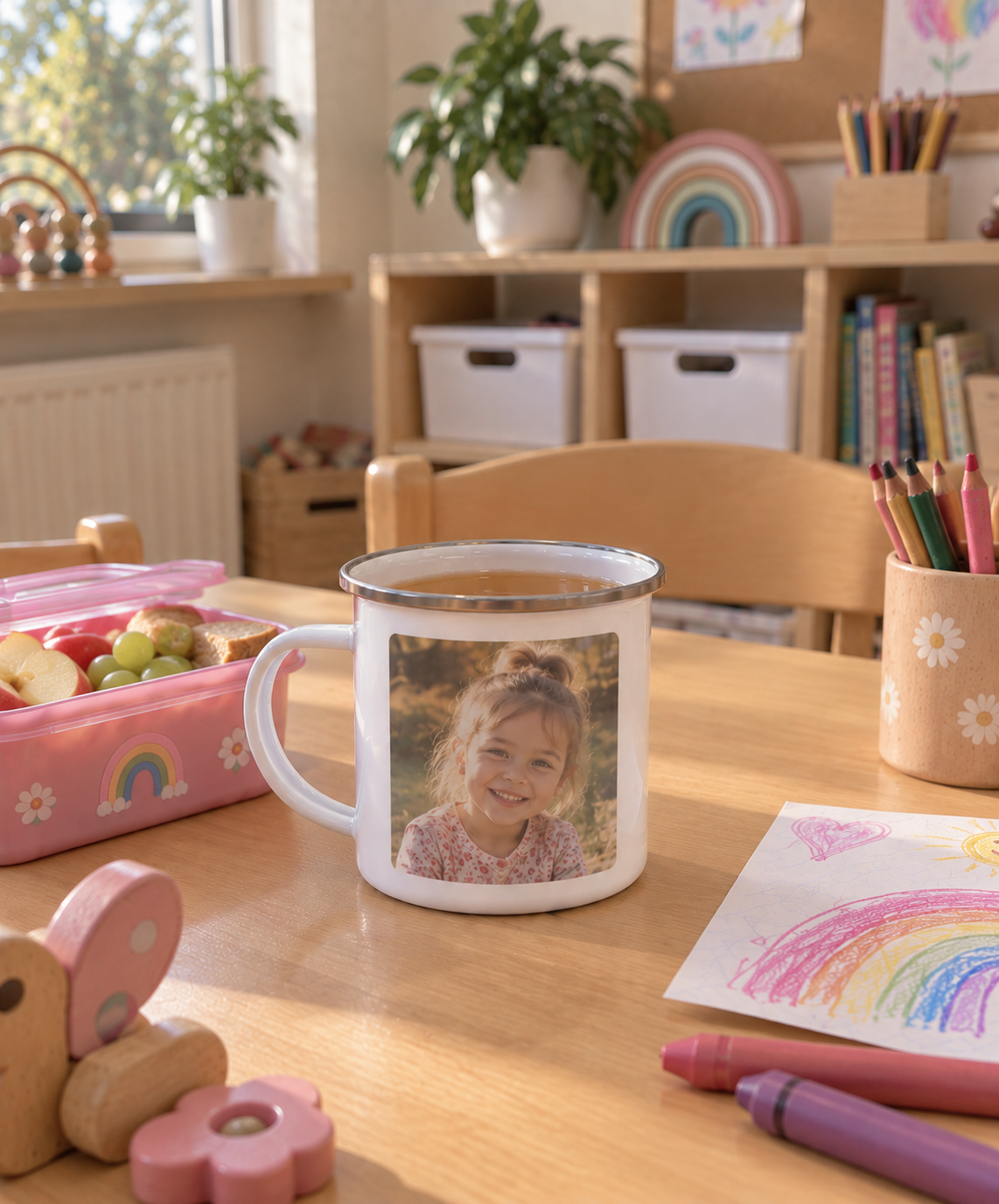 Foto-Emaille-Becher mit Kinderfoto am Basteltisch