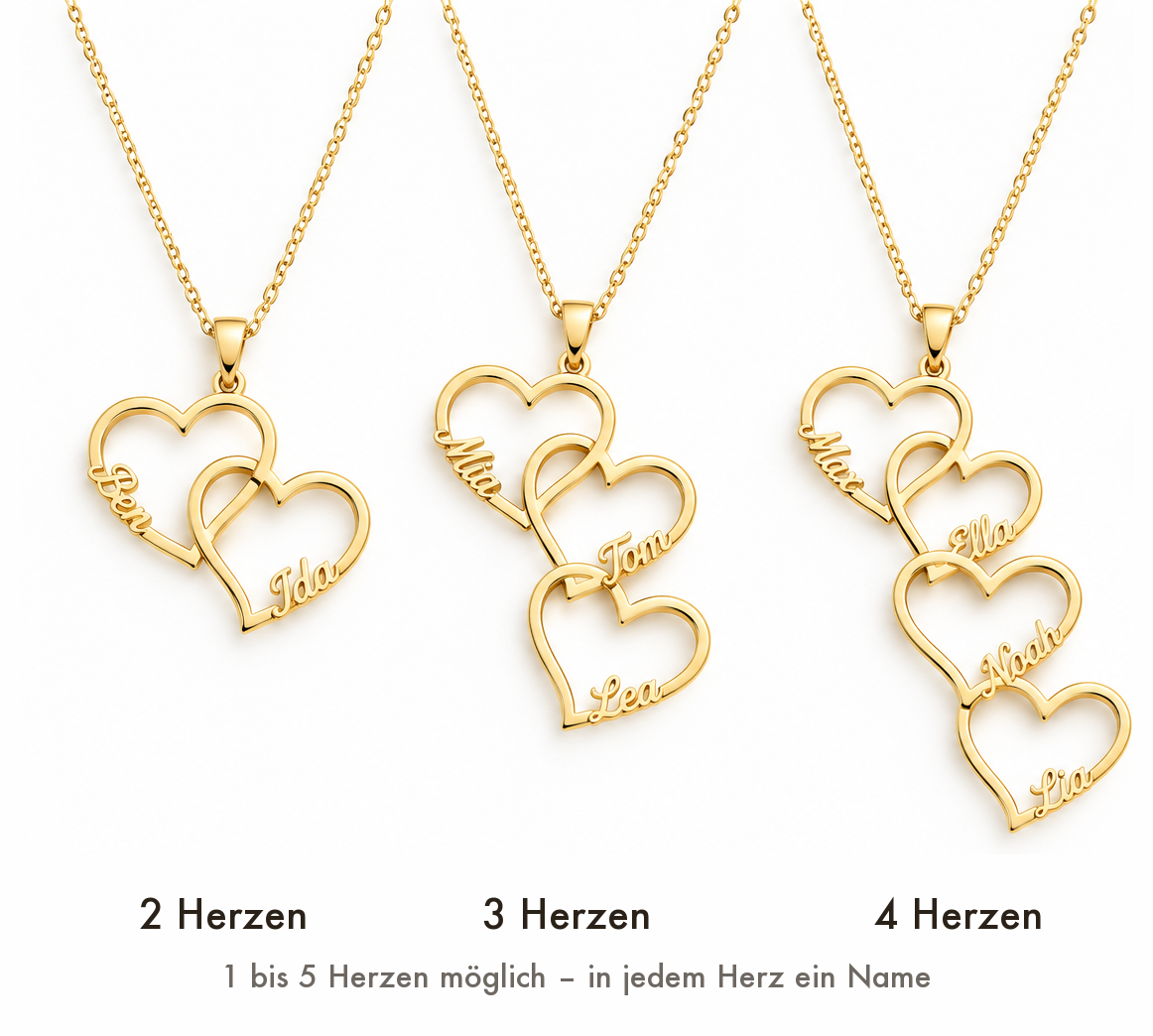 MAREN Herzkette mit Namen Gold – mit 2, 3 oder 4 Herzen, möglich sind 1 bis 5 Herzen – Lorelia