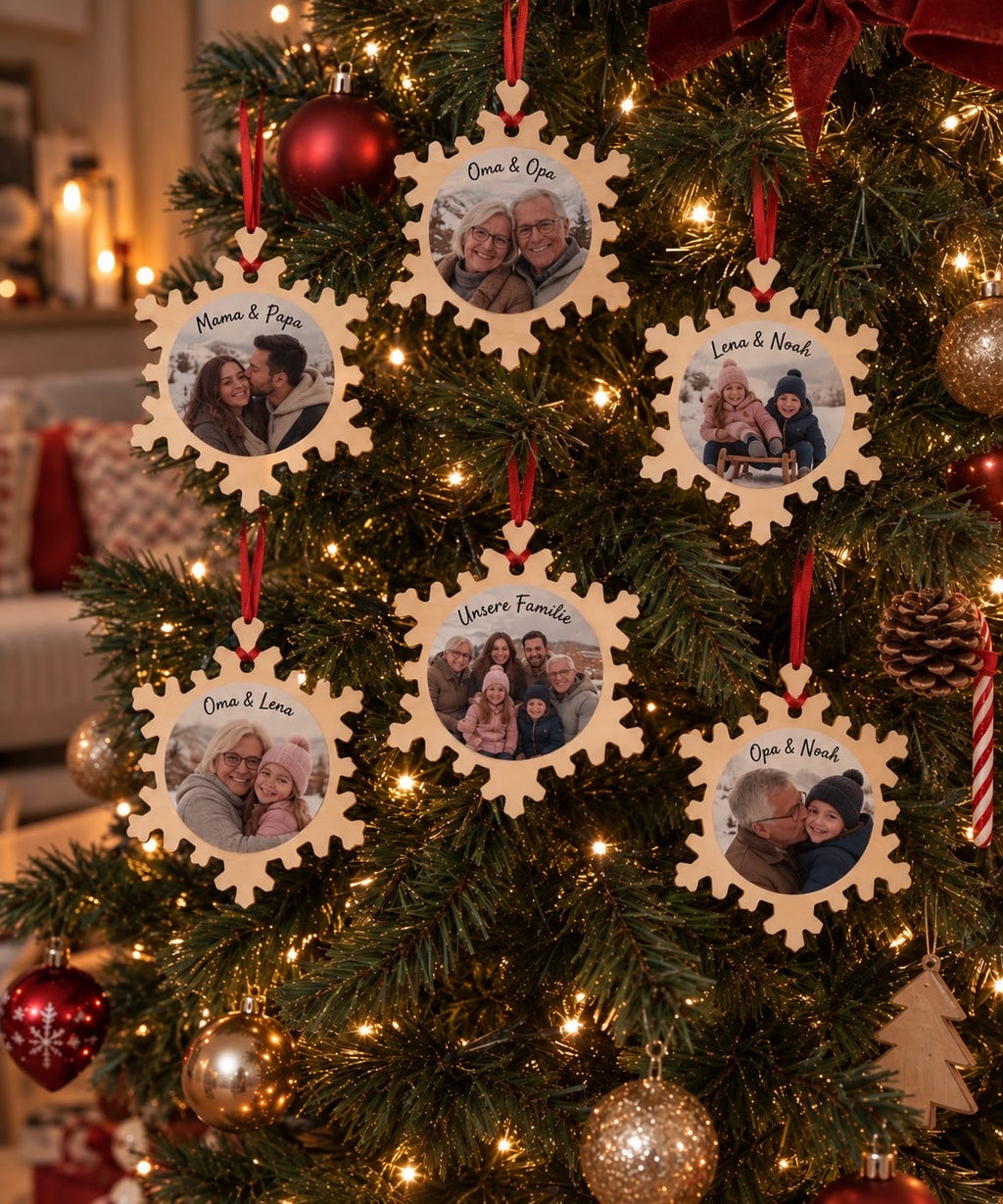Foto-Holzschneeflocken mit Paar- und Familienfotos am Weihnachtsbaum