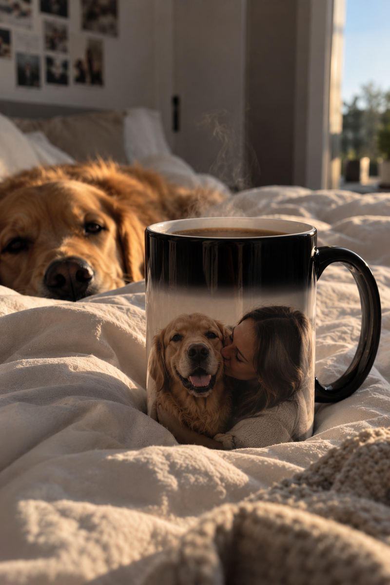 Foto-Zaubertasse mit Hundefoto – das Motiv erscheint mit heißem Getränk