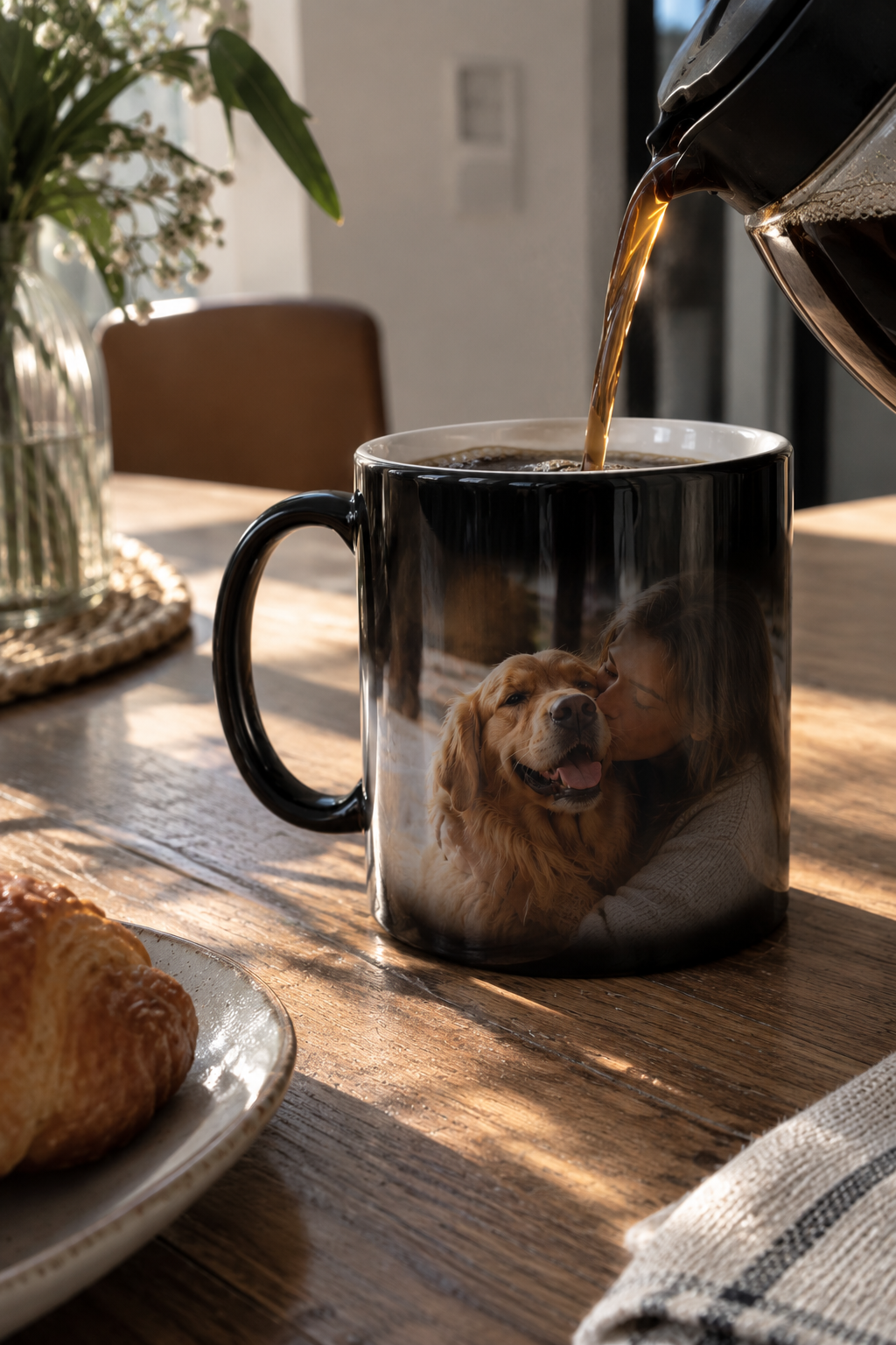 Foto-Zaubertasse beim Eingießen – das Foto wird sichtbar