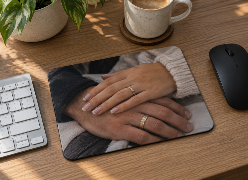 Foto-Mauspad mit Paarfoto auf dem Schreibtisch