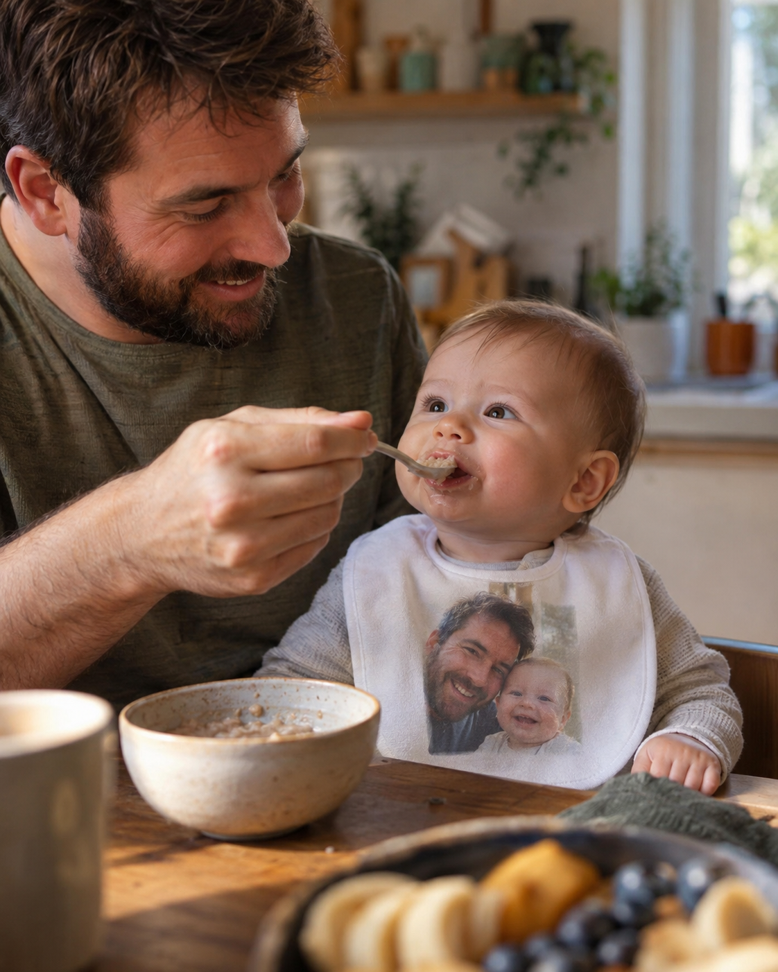 Foto-Baby-Lätzchen mit Familienfoto – Vater füttert Baby