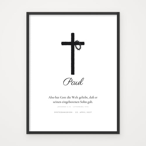 Bibelvers-Poster „Also hat Gott die Welt geliebt“ – Poster im schwarzen Rahmen