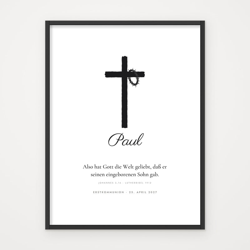 Bibelvers-Poster „Also hat Gott die Welt geliebt“ – Poster im schwarzen Rahmen