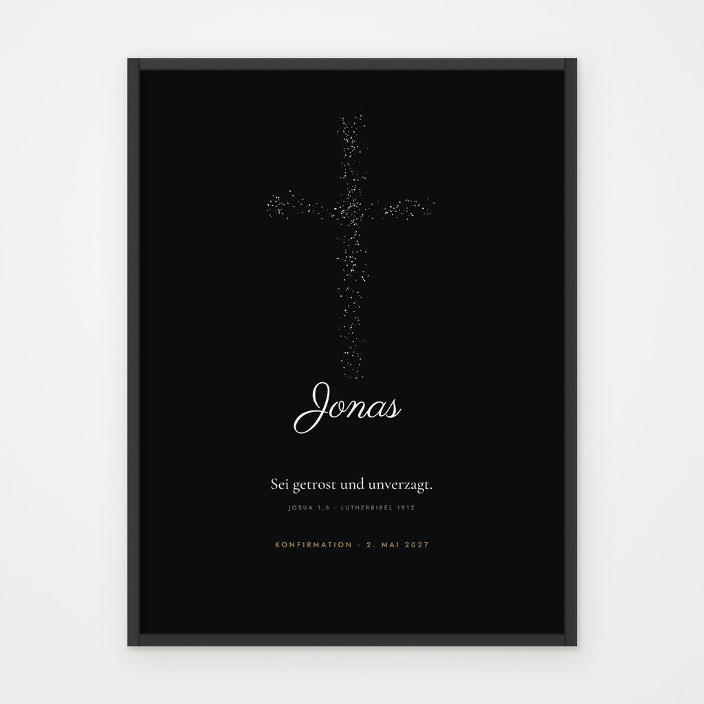 Bibelvers-Poster „Sei getrost und unverzagt“ – Poster im schwarzen Rahmen