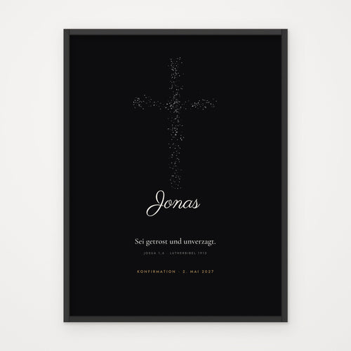 Bibelvers-Poster „Sei getrost und unverzagt“ – Poster im schwarzen Rahmen